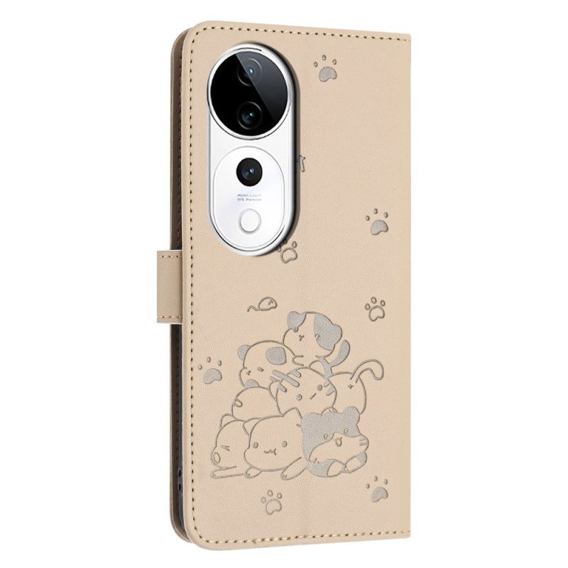 Lederhüllen Für Vivo V40 5g Katzenmuster Mit Tragegurt