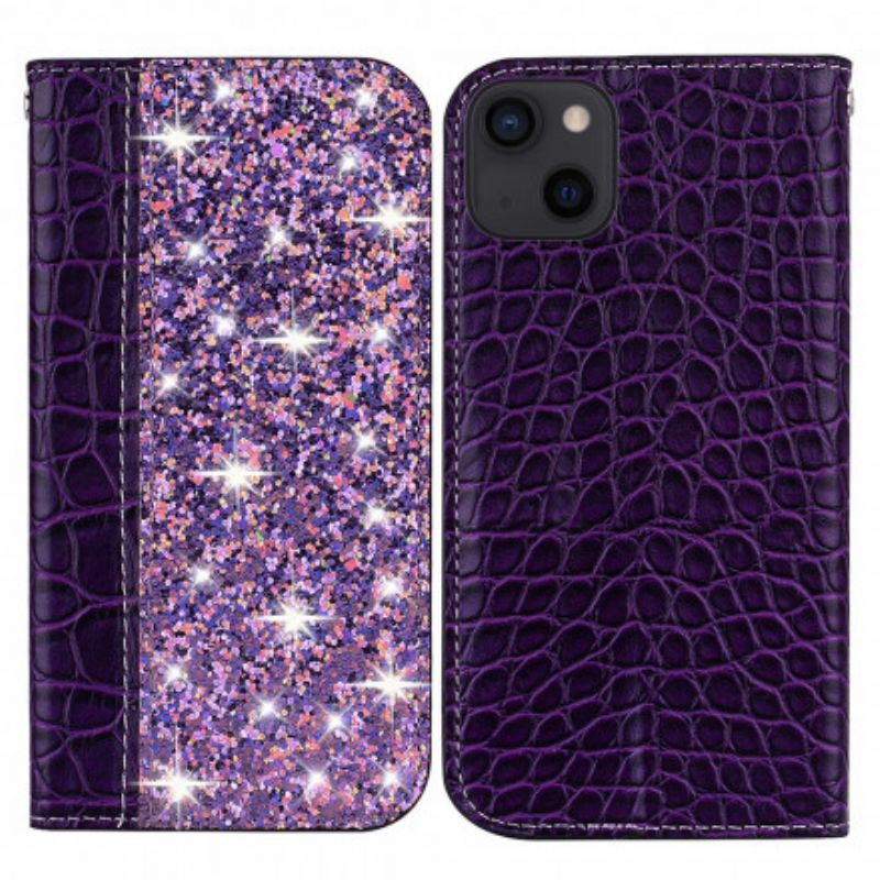 Flip Case Iphone 13 Krokodilhaut Und Glitzereffekt