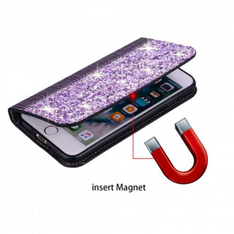 Flip Case Iphone 13 Krokodilhaut Und Glitzereffekt