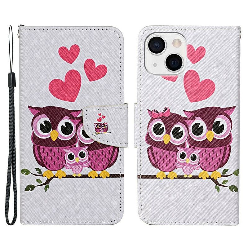 Lederhüllen Iphone 13 Handyhülle Eulenfamilie Mit Lanyard