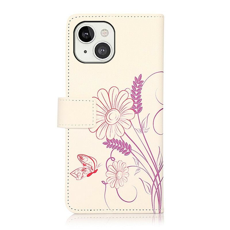 Lederhüllen Iphone 13 Handyhülle Schmetterlinge Und Blumen Zeichnen