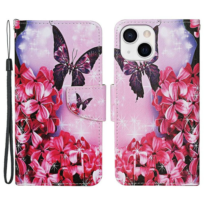 Lederhüllen Iphone 13 Handyhülle Schmetterlinge Und Lanyard