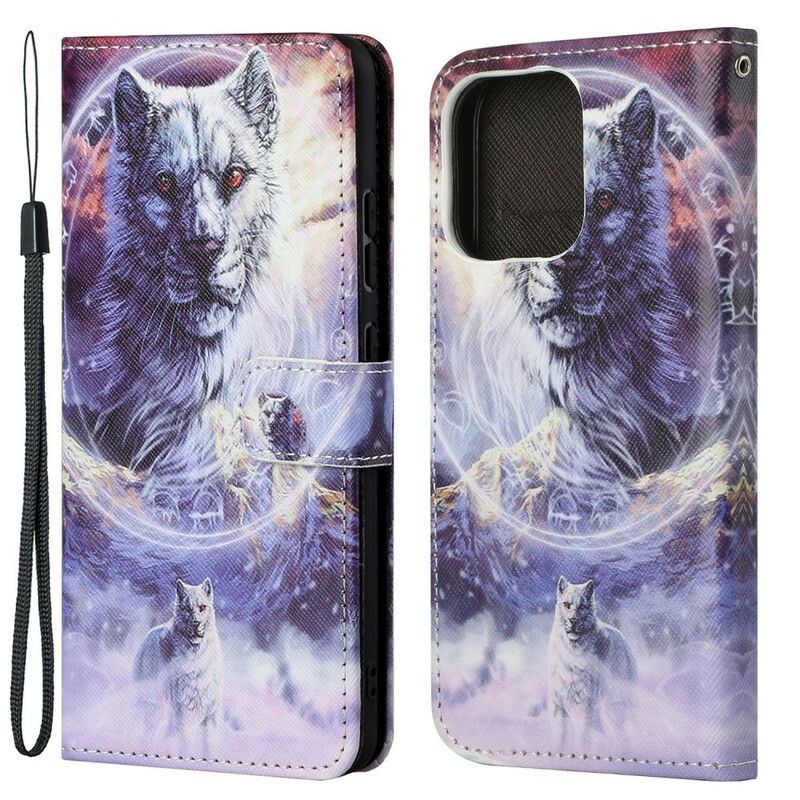 Lederhüllen Iphone 13 Wolf Im Winter Mit Lanyard