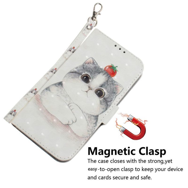 Flip Case Für iPhone 15 Plus Mit Kordel Grafische Katze Mit Schlüsselband