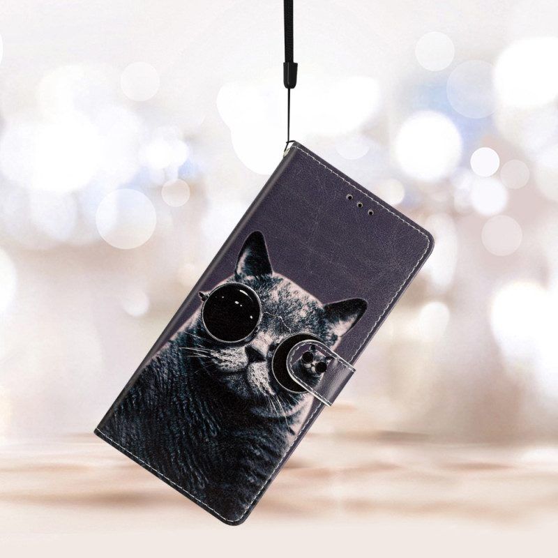 Flip Case Für iPhone 15 Plus Mit Kordel Katze Mit Bügelbrille
