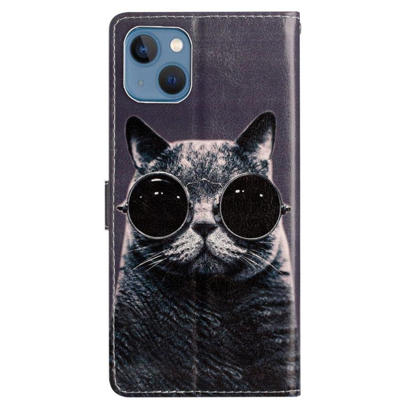 Flip Case Für iPhone 15 Plus Mit Kordel Katze Mit Bügelbrille