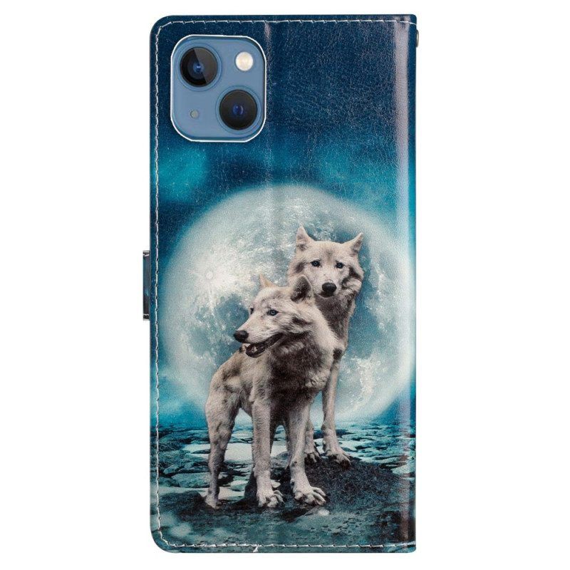 Flip Case Für iPhone 15 Plus Mit Kordel Schlüsselband Wölfe