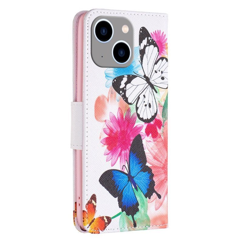 Lederhüllen Für iPhone 15 Plus Aquarell-schmetterlinge