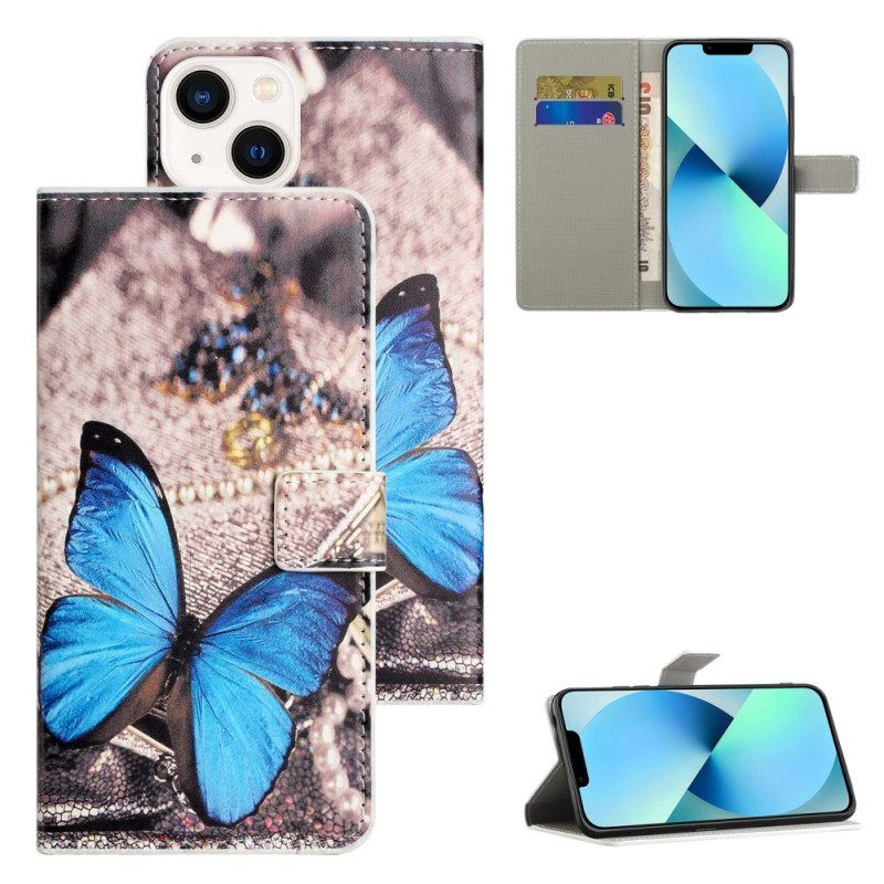 Lederhüllen Für iPhone 15 Plus Blauer Schmetterling