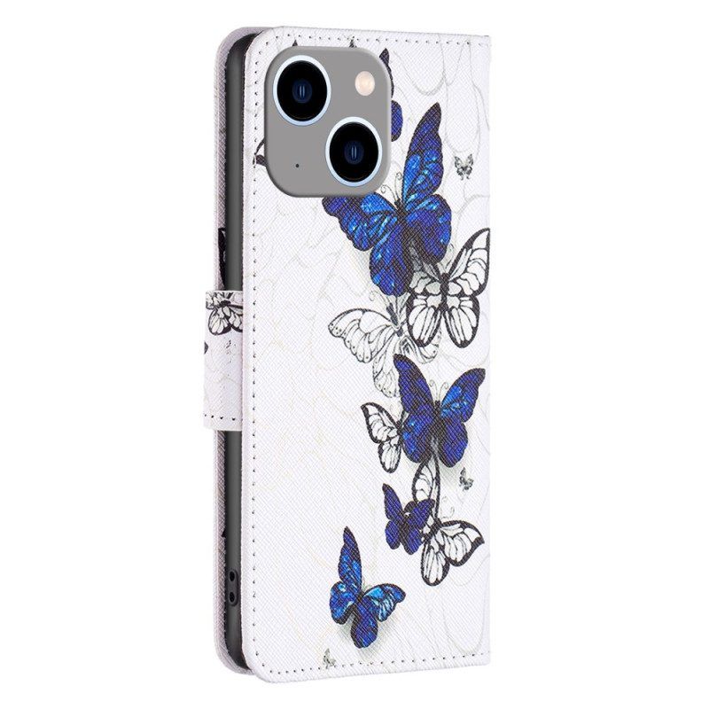 Lederhüllen Für iPhone 15 Plus Bunte Schmetterlinge