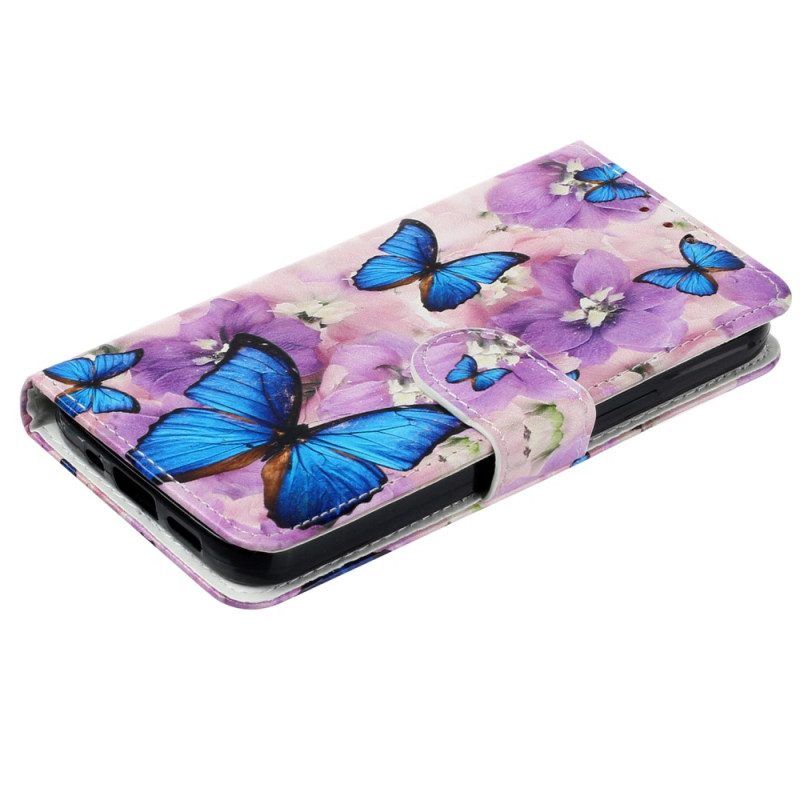 Lederhüllen Für iPhone 15 Plus Mit Kordel Kleine Blaue Schmetterlinge Mit Riemen