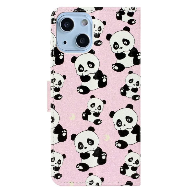Lederhüllen Für iPhone 15 Plus Mit Kordel Kleine Pandas Mit Riemen