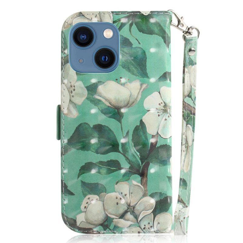 Lederhüllen Für iPhone 15 Plus Mit Kordel Weiße Blumen Mit Riemen