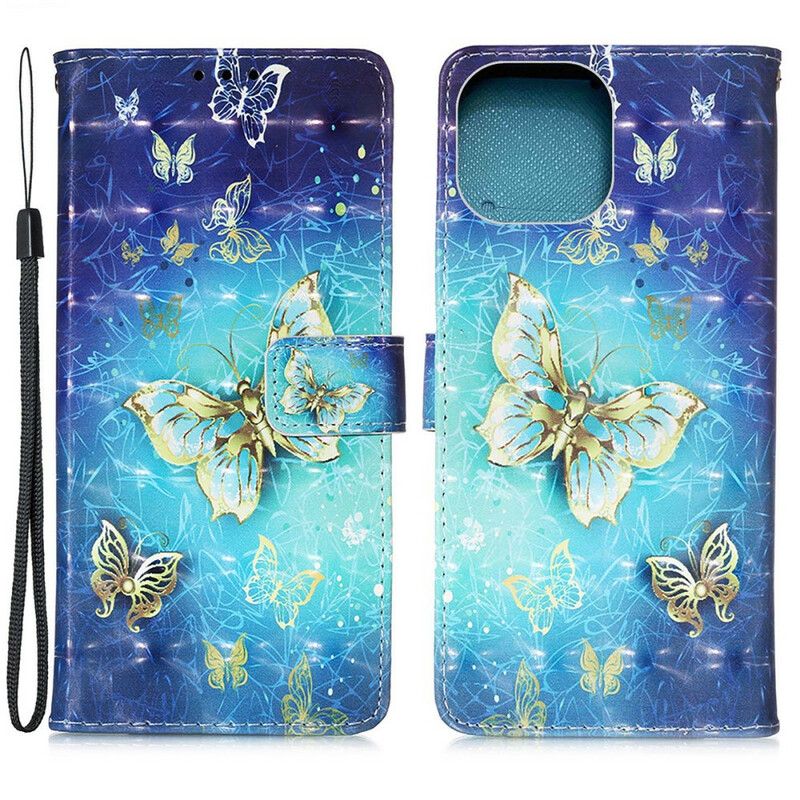 Lederhüllen Iphone 13 Pro Max Handyhülle Schlüsselband Mit Schmetterlingen In Gold