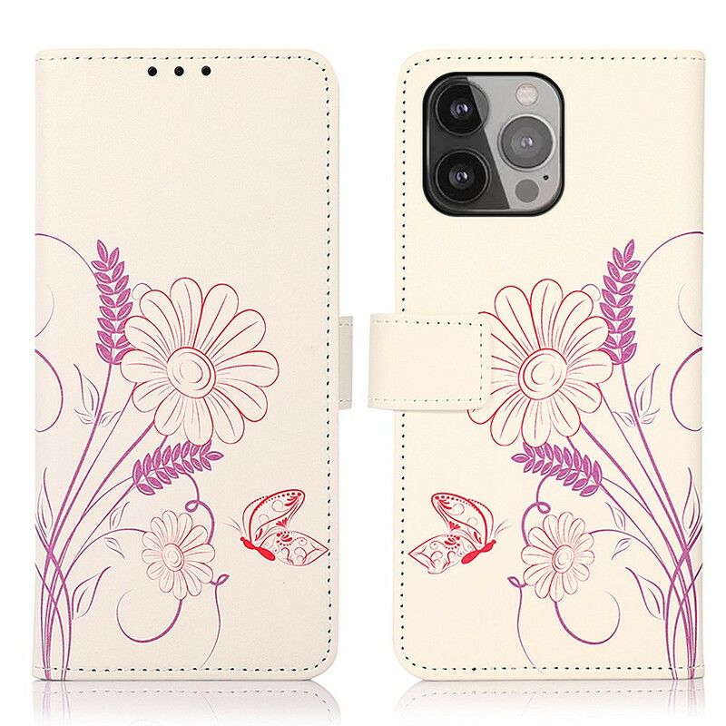 Lederhüllen Iphone 13 Pro Max Schmetterlinge Und Blumen Zeichnen
