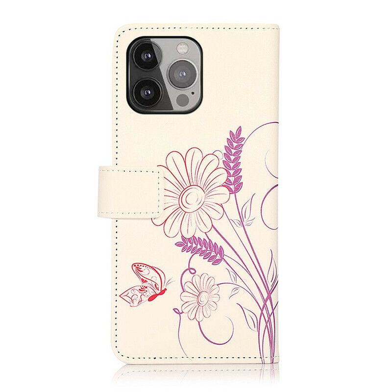 Lederhüllen Iphone 13 Pro Max Schmetterlinge Und Blumen Zeichnen