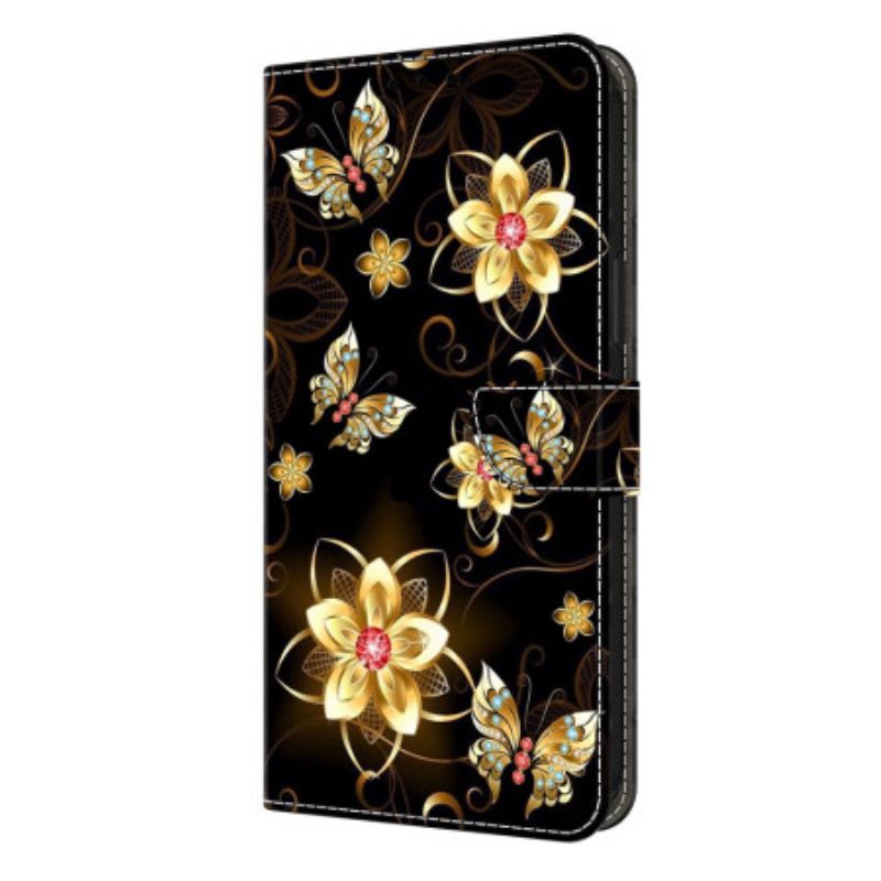 Lederhüllen Für Samsung Galaxy S26 Plus Goldene Blumen Und Schmetterlinge