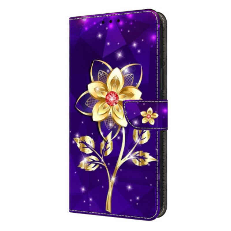 Lederhüllen Samsung Galaxy S26 Plus Goldene Blumen Auf Violettem Hintergrund