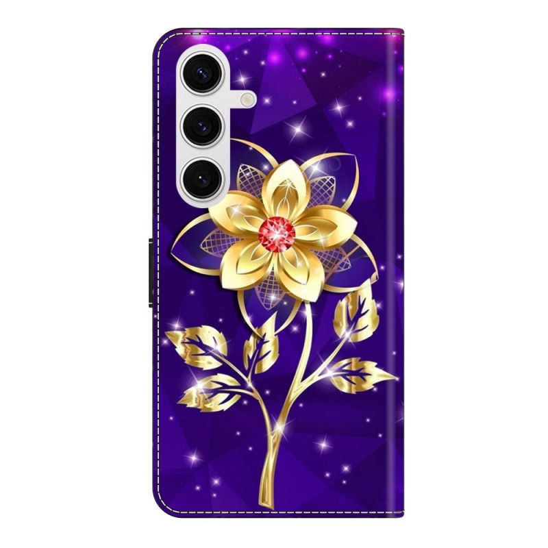 Lederhüllen Samsung Galaxy S26 Plus Goldene Blumen Auf Violettem Hintergrund