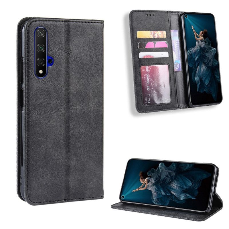 Flip Case Huawei Nova 5T Schwarz Handyhülle Stilisierter Vintage-Ledereffekt