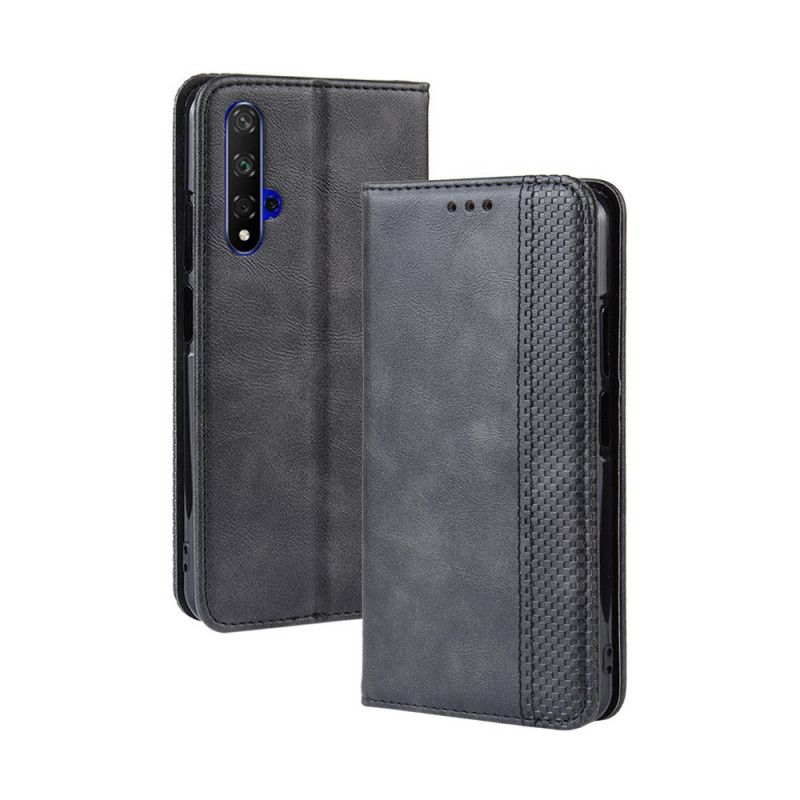 Flip Case Huawei Nova 5T Schwarz Handyhülle Stilisierter Vintage-Ledereffekt