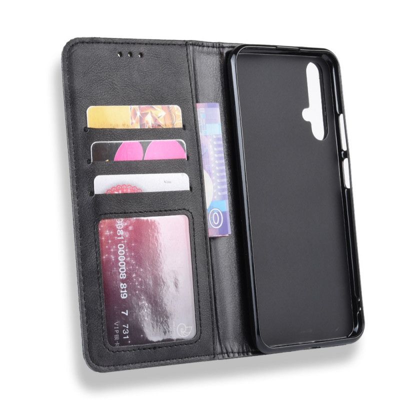 Flip Case Huawei Nova 5T Schwarz Handyhülle Stilisierter Vintage-Ledereffekt