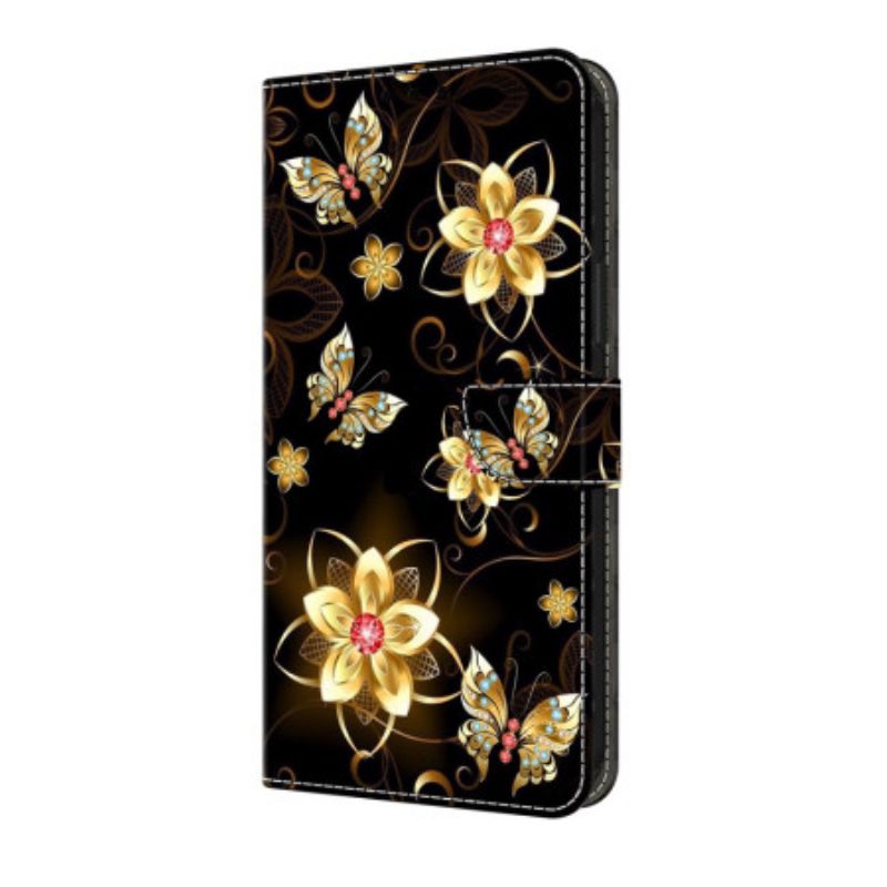 Lederhüllen Samsung Galaxy S25 Fe Handyhülle Goldene Blumen Und Schmetterlinge