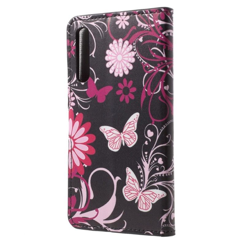 Lederhüllen Huawei P20 Pro Schwarz Schmetterlinge Und Blumen