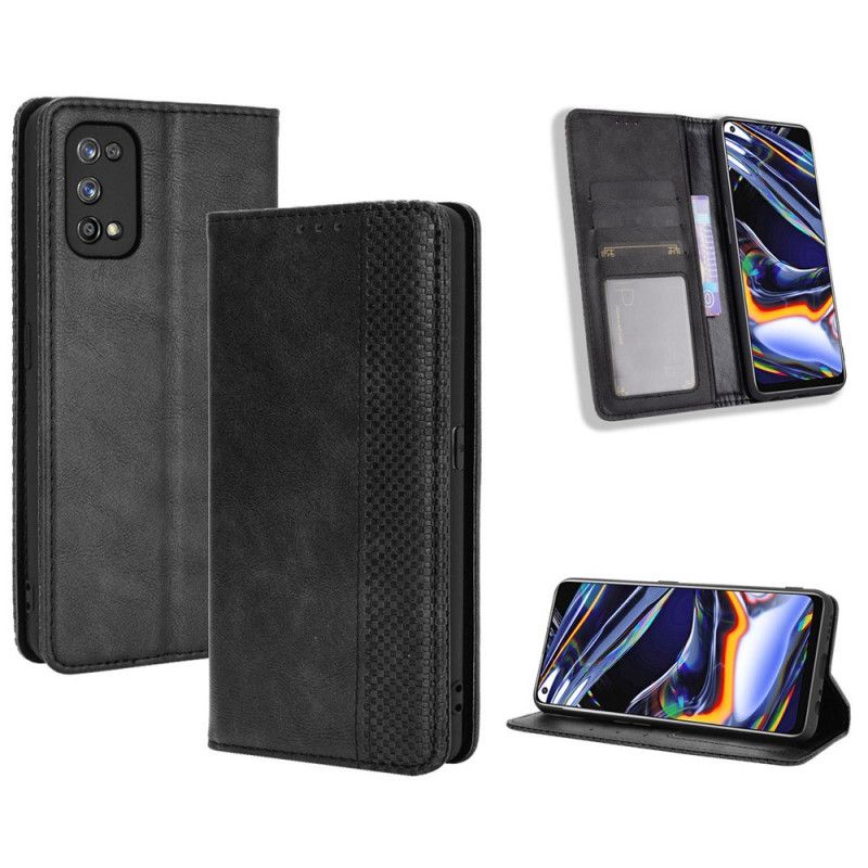 Flip Case Für Realme 7 Pro Schwarz Stilisierter Vintage-Ledereffekt