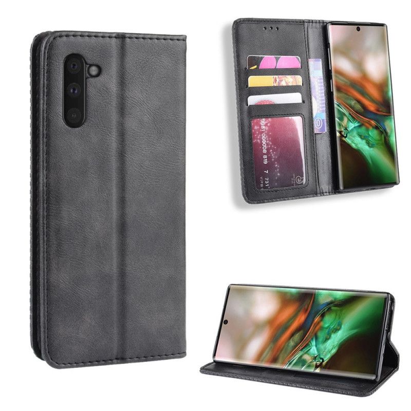 Flip Case Samsung Galaxy Note 10 Schwarz Stilisierter Vintage-Ledereffekt