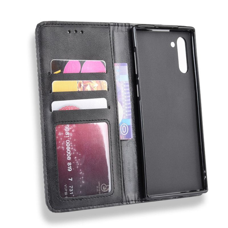 Flip Case Samsung Galaxy Note 10 Schwarz Stilisierter Vintage-Ledereffekt