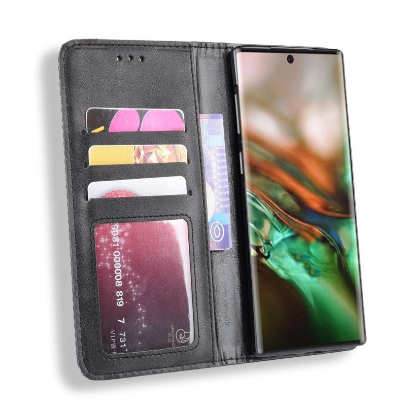 Flip Case Samsung Galaxy Note 10 Schwarz Stilisierter Vintage-Ledereffekt