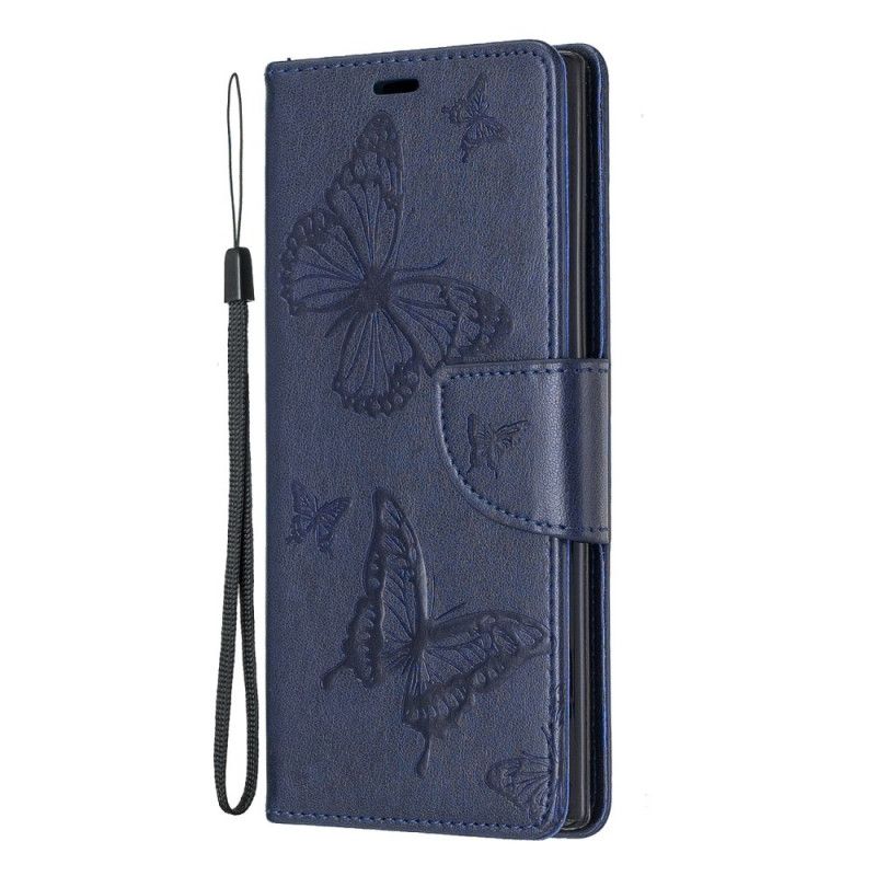 Lederhüllen Samsung Galaxy Note 10 Grau Schmetterlinge Und Schräge Klappe