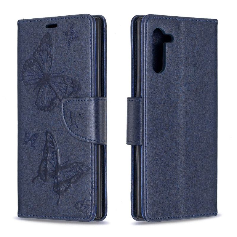 Lederhüllen Samsung Galaxy Note 10 Grau Schmetterlinge Und Schräge Klappe