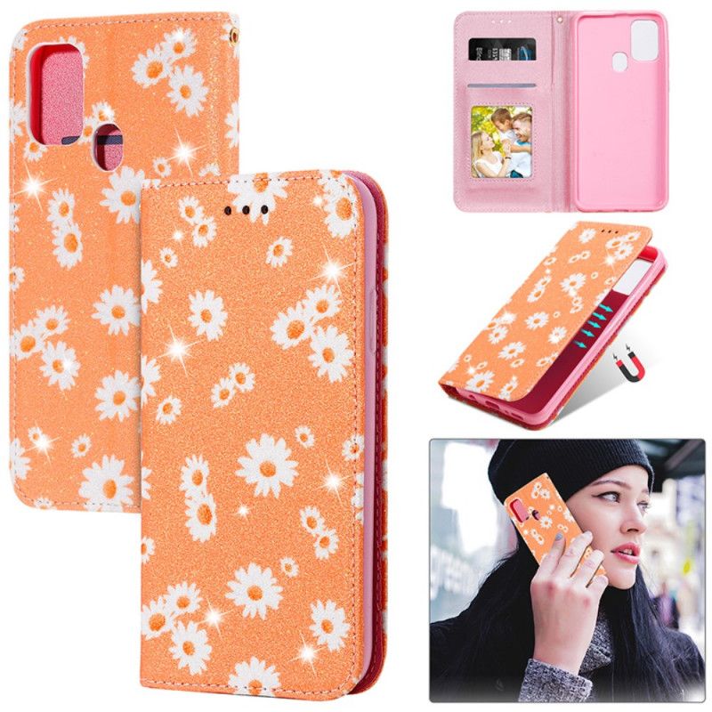 Flip Case Für Samsung Galaxy M31 Pink Gänseblümchenimitatleder