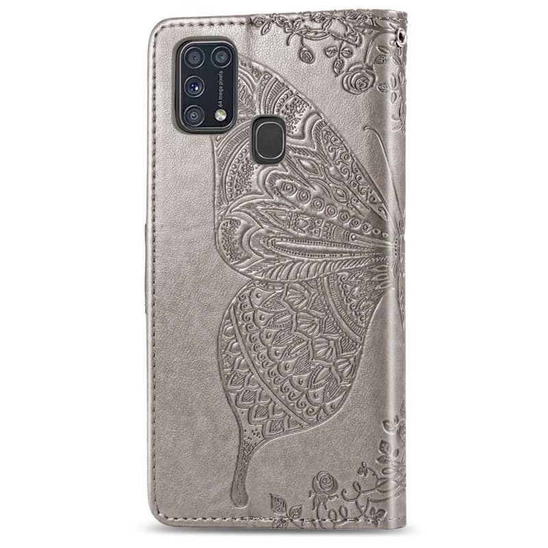 Lederhüllen Samsung Galaxy M31 Grau Halbe Schmetterlinge