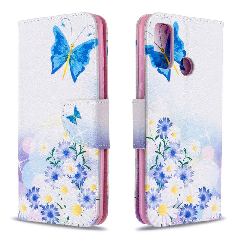 Lederhüllen Huawei P Smart 2020 Magenta Bemalte Schmetterlinge Und Blumen