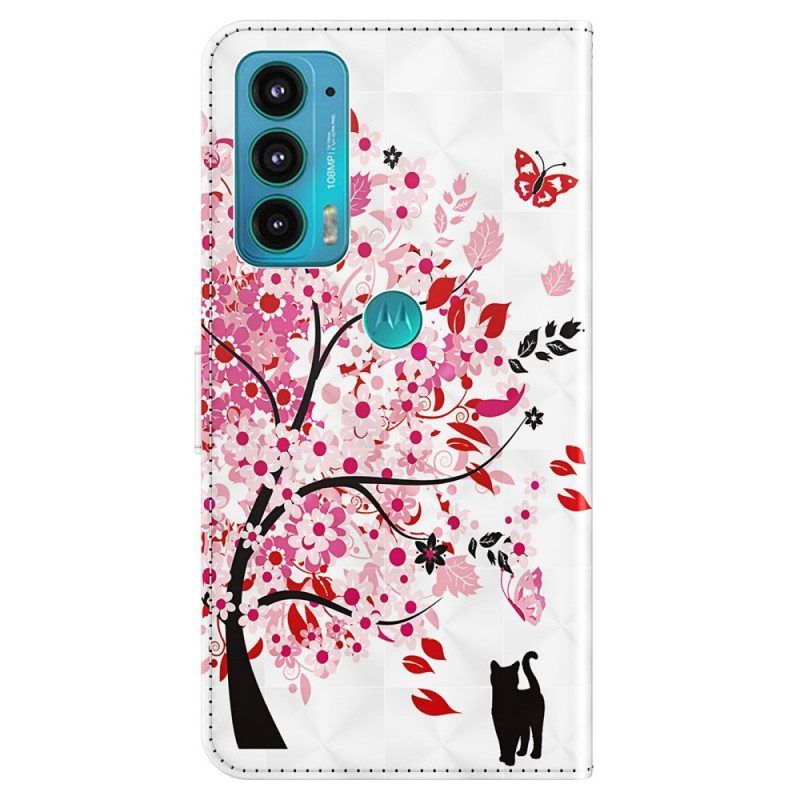 Flip Case Für Moto E40 / E30 / E20 Rosa Baum Und Schwarze Katze