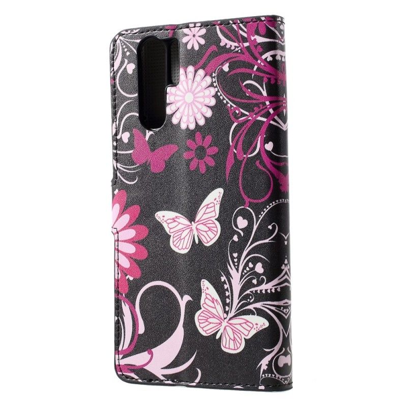 Lederhüllen Für Huawei P30 Pro Schwarz Schmetterlinge Und Blumen