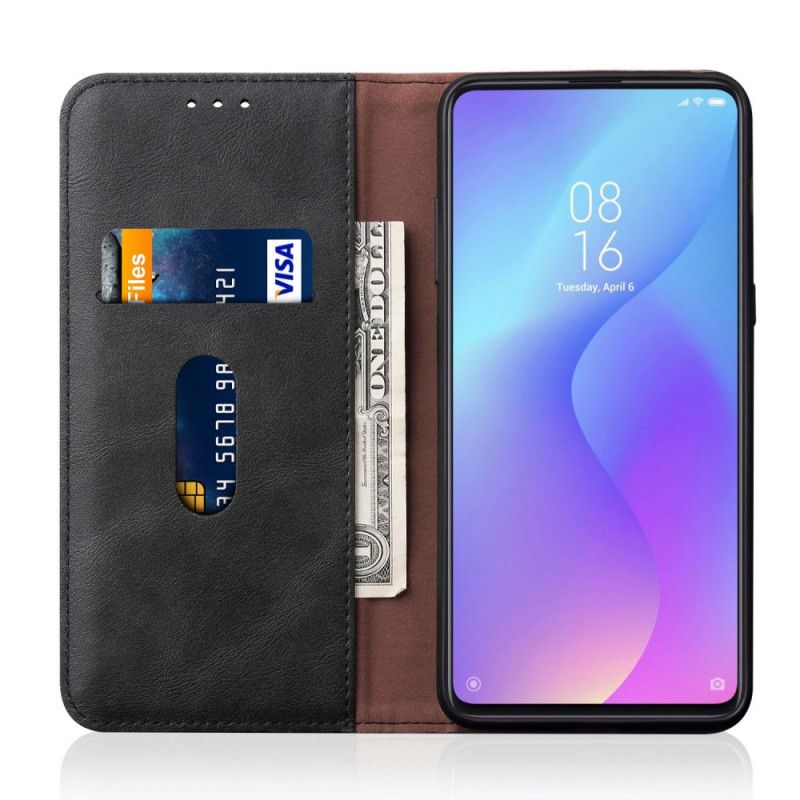 Flip Case Für Xiaomi Mi 9T / Mi 9T Pro Schwarz Genähter Ledereffekt