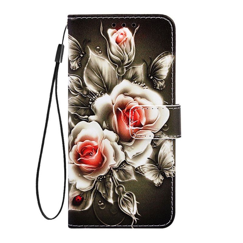 Lederhüllen Xiaomi Mi 9T / Mi 9T Pro Handyhülle Schwarze Rose Mit Riemen