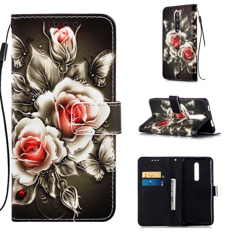 Lederhüllen Xiaomi Mi 9T / Mi 9T Pro Handyhülle Schwarze Rose Mit Riemen