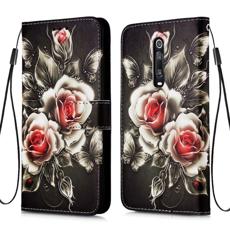 Lederhüllen Xiaomi Mi 9T / Mi 9T Pro Handyhülle Schwarze Rose Mit Riemen