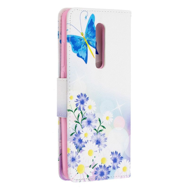 Lederhüllen Xiaomi Mi 9T / Mi 9T Pro Hellblau Bemalte Schmetterlinge Und Blumen