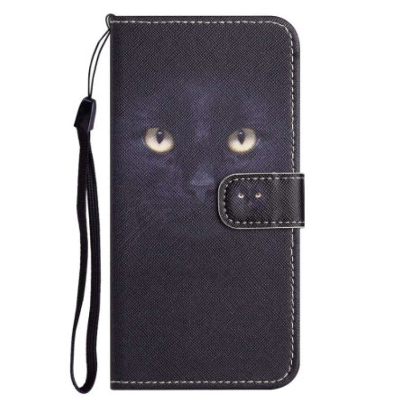 Flip Case Für OnePlus 10T 5G Mit Kordel Schwarze Katze Mit Riemen