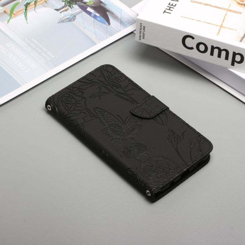 Flip Case Für OnePlus 10T 5G Schmetterlinge Und Schultergurt