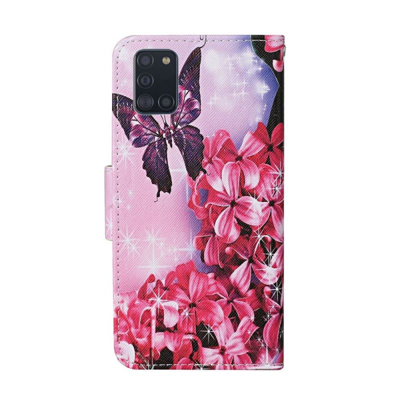 Lederhüllen Samsung Galaxy A31 Magenta Tanga Blumenschmetterlinge