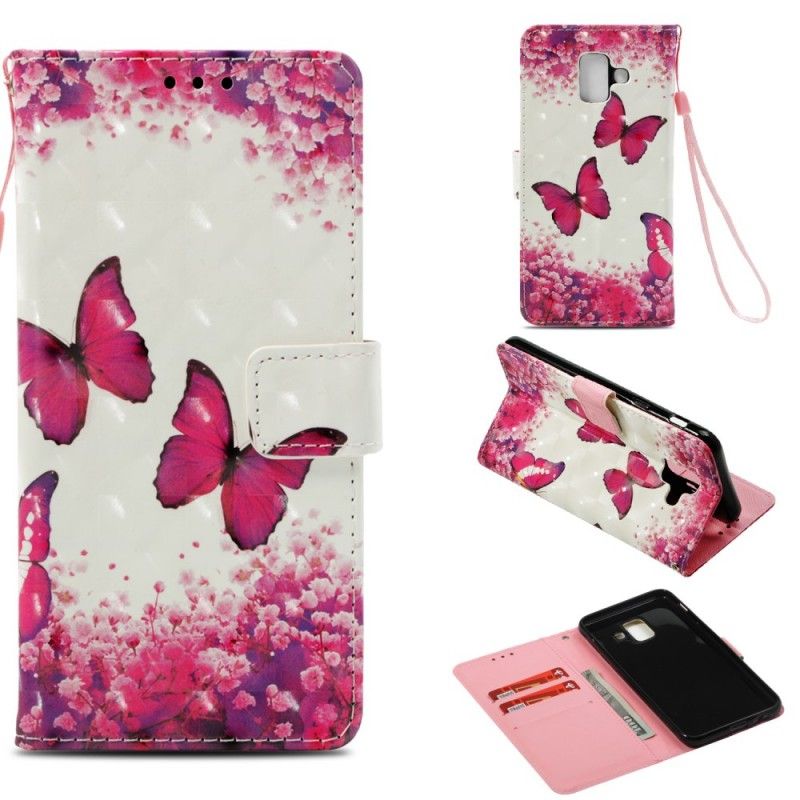Lederhüllen Für Samsung Galaxy A6 3D Rote Schmetterlinge