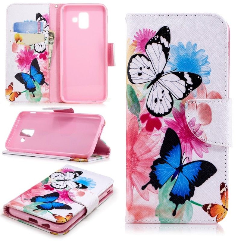 Lederhüllen Samsung Galaxy A6 Pink Bemalte Schmetterlinge Und Blumen