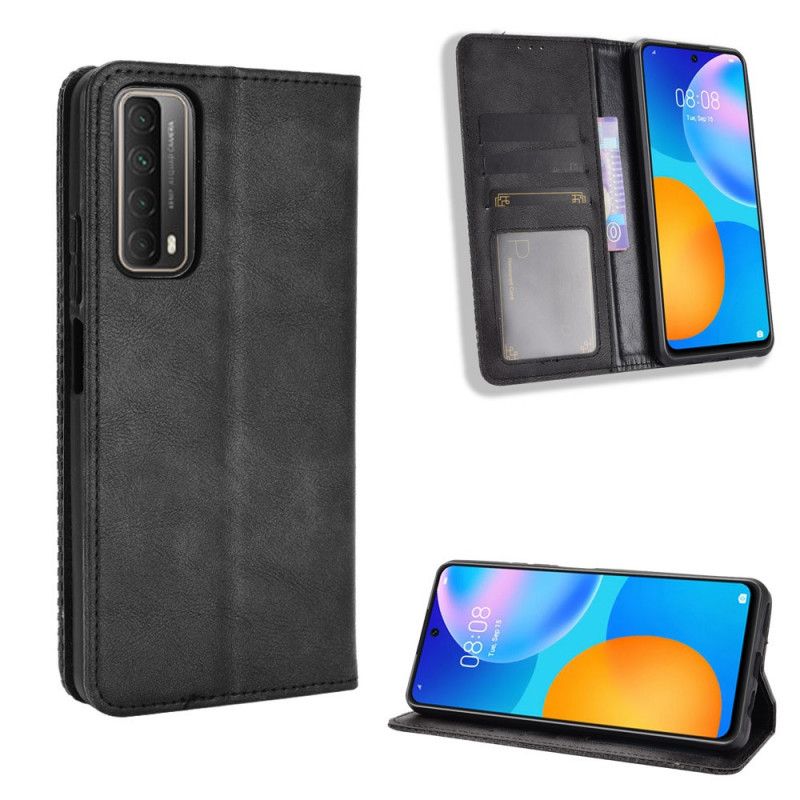 Flip Case Huawei P Smart 2021 Schwarz Handyhülle Stilisierter Vintage-Ledereffekt